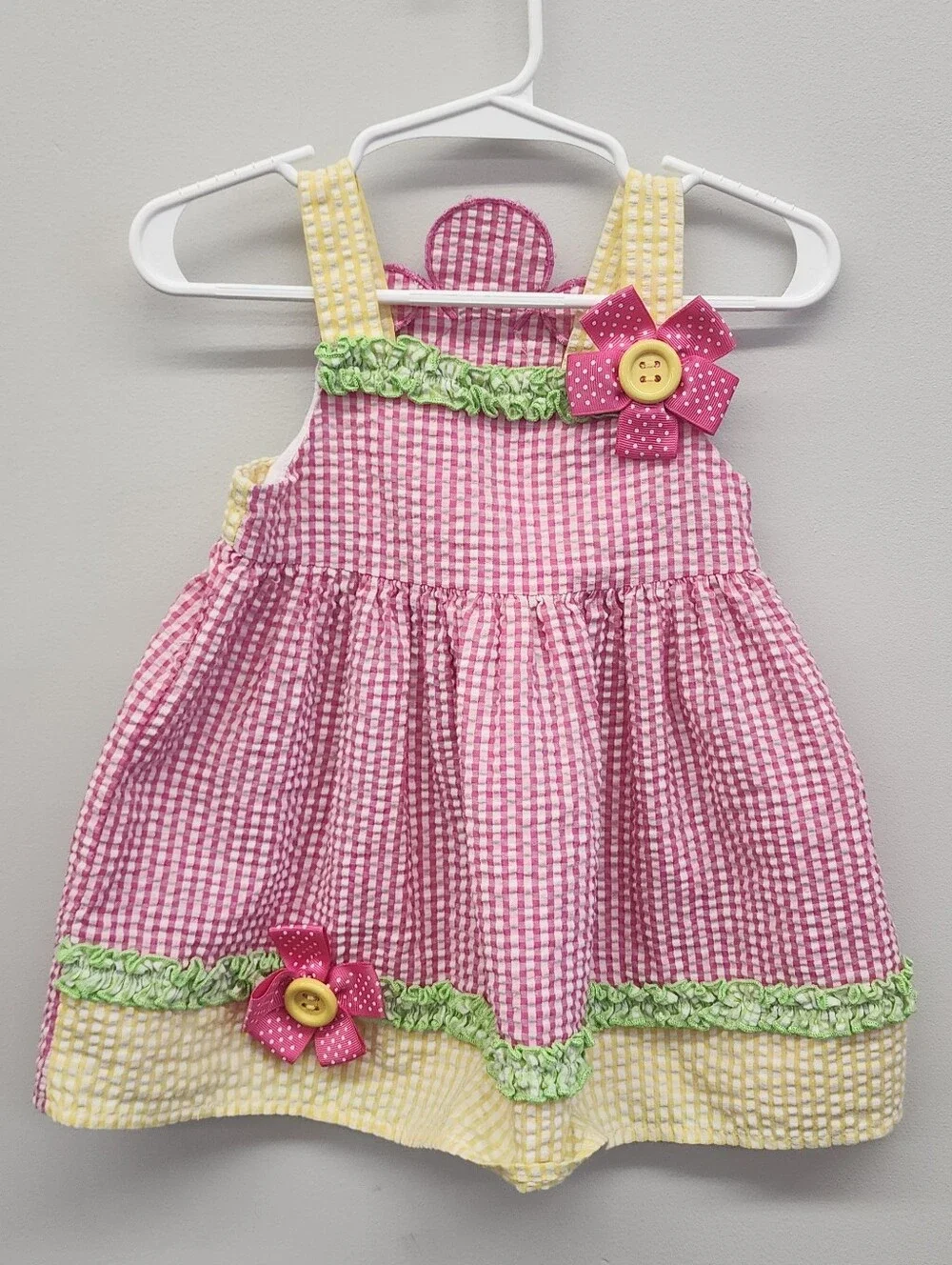 Bonnie Baby 12M Pink Yellow Gingham Seersucker Flower Sundress